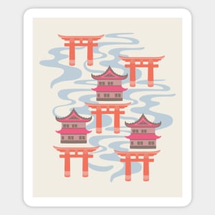 EDO Traditional Japanese Castles and Oriental Japan Torii Gates with Flowing River in Vintage Palette Fuchsia Pink Coral Orange Brown Blue White - UnBlink Studio by Jackie Tahara Sticker